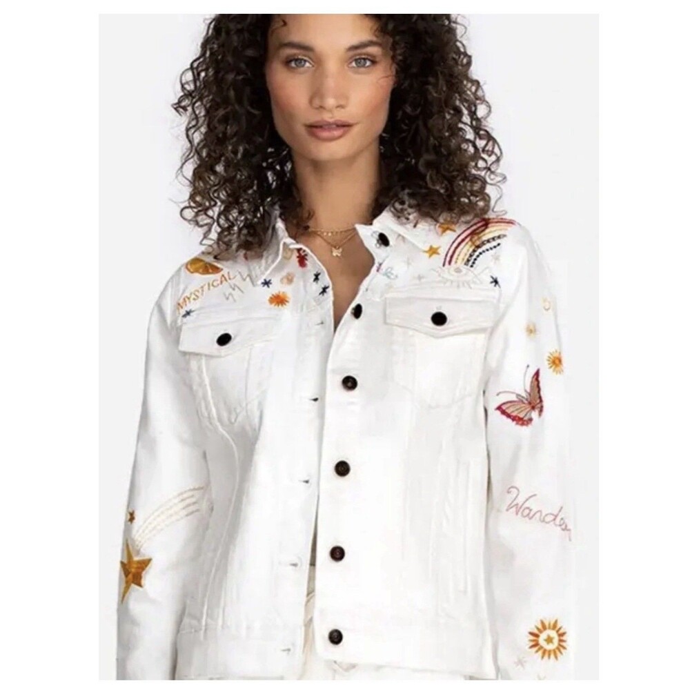 Johnny Was Embroidered Jacket Woman Sz XS White Trucker Peace Love Boho EUC